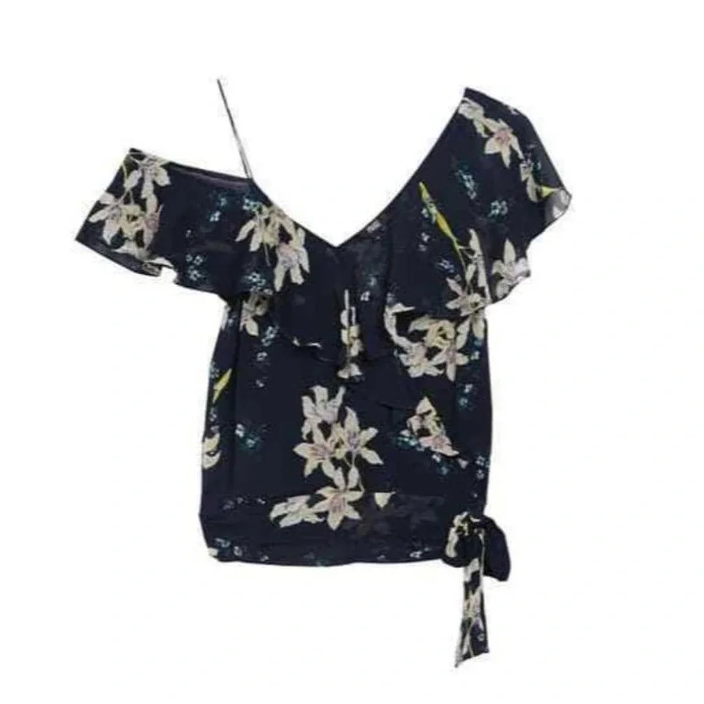 PAIGE Chereen Ruffle One-Shoulder Silk Ruffle Trim Flutter Sleeve Top Size Small